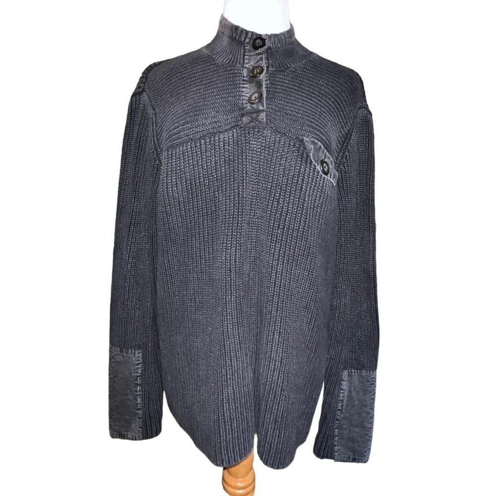 Orvis Mens 1/4 Button‎ Pullover Sweater Size Large Black/Gray Ribbed Wrist Pads